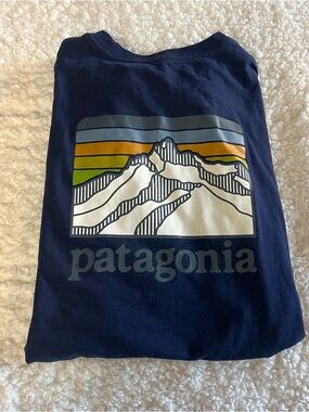 Patagonia Navy Tee with Multicolor Mountain Graphic
